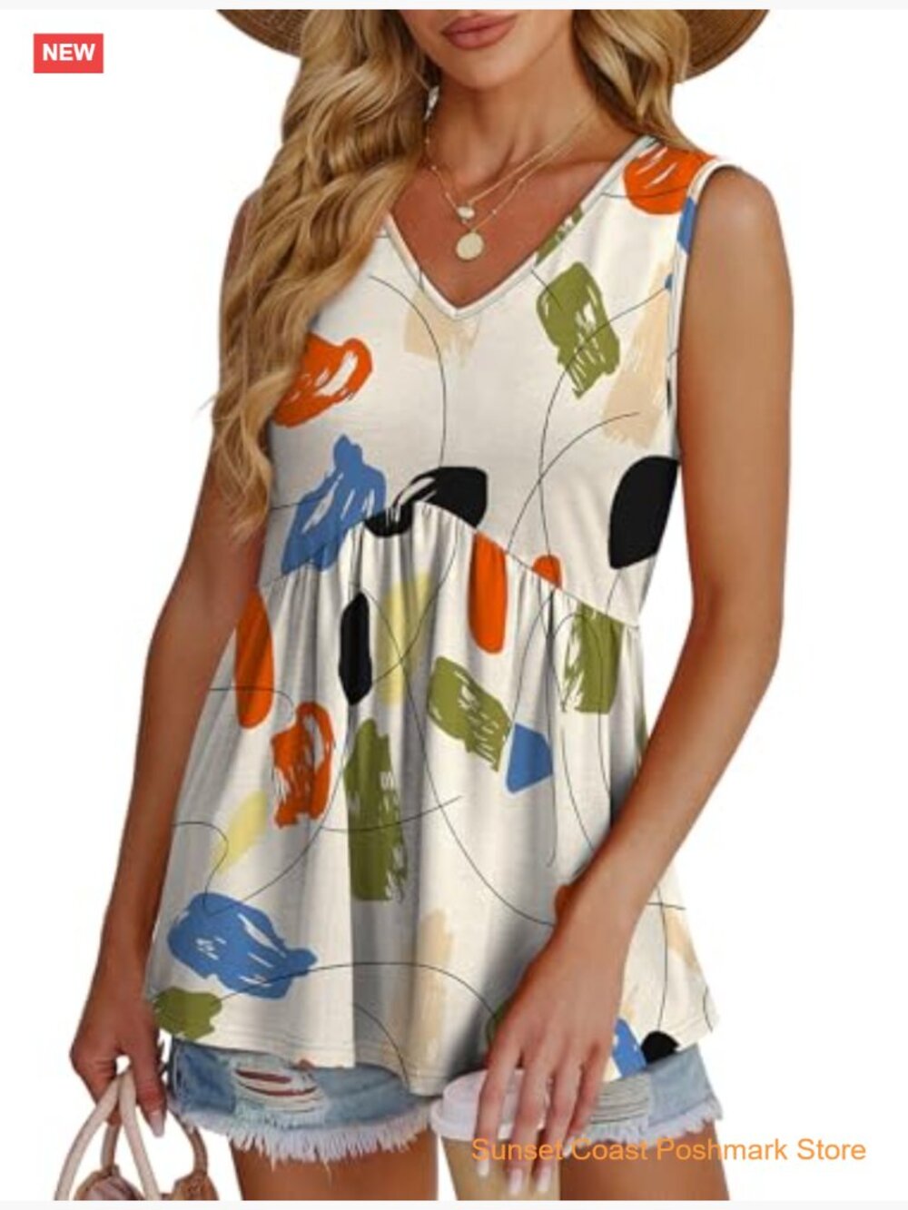 Flowy Peplum V-Neck Sleeveless Tank Top Babydoll Dressy Casual Top - Picture 3 of 7